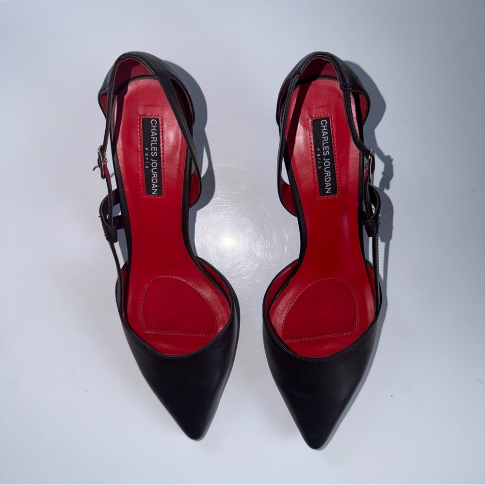 Charles Jourdan | Paris Fortune Womens Black Strappy Heels red interior Size 10 - Picture 2 of 6